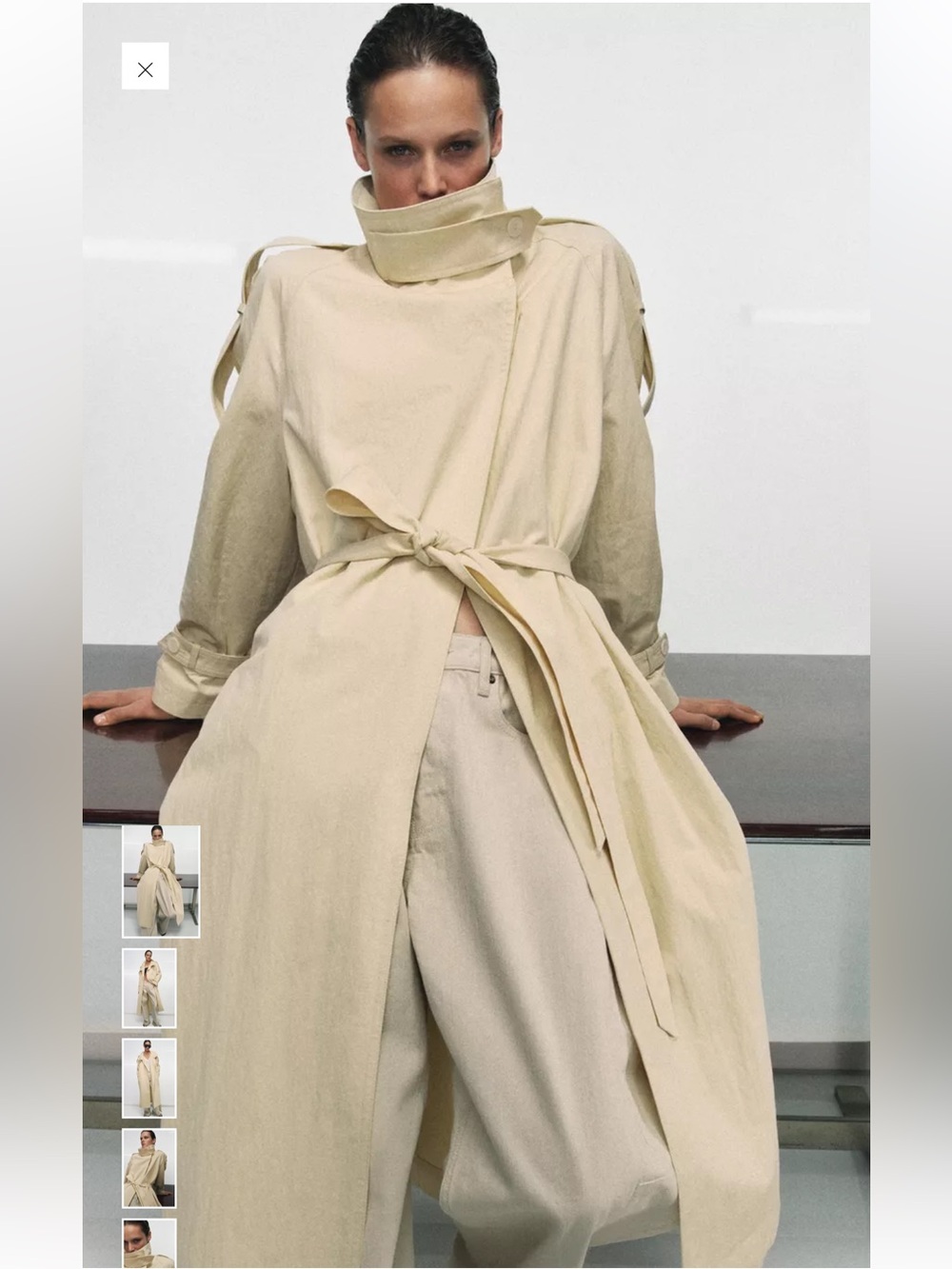 Zara Light Cream Long Trench Coat with Tie Belt - Picture 2 of 7